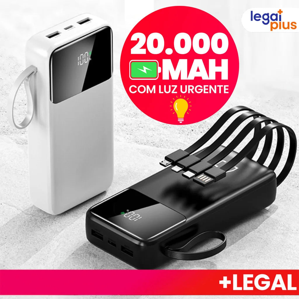Power Bank 20000mAh Carregamento Super Rápido 4 Portas USB com Visor Digital e Alta Capacidade Portátil